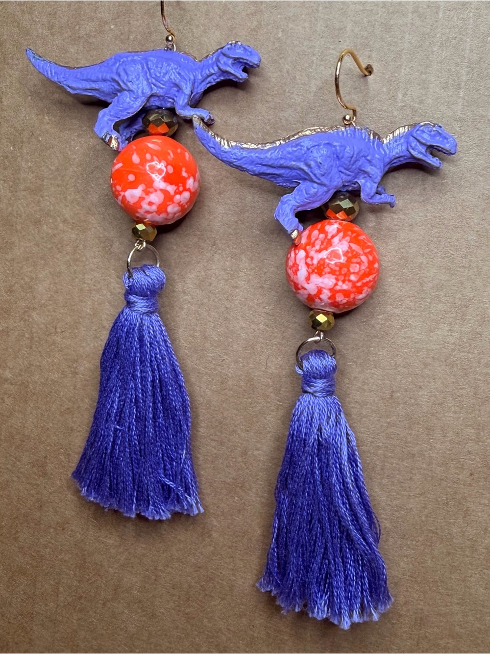 Playful Purple Tyrannosaurus Dinosaur Tassel Earrings with Orange Beads - Picture 2 of 5